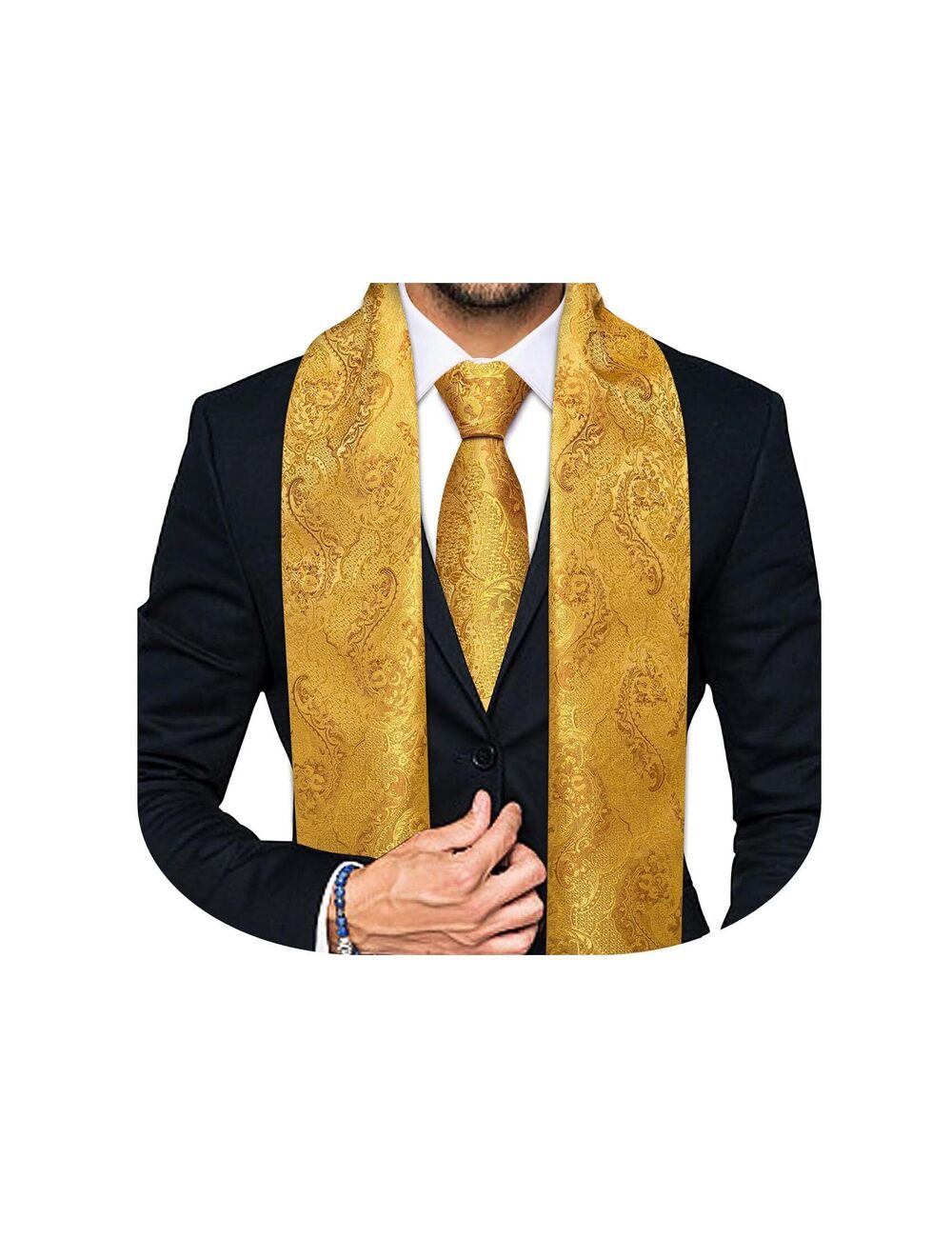 5522 2PCS Gold Scarf Necktie Set / Fashion Silk Lightweight Feeling Print